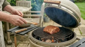 A seasoned pork joint being placed onto the grill grates of an open ceramic kamado smoker with charcoal and wood blocks below.