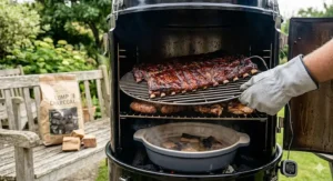 Interior view of a vertical bullet-style water smoker set up for a long rib cook.