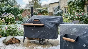 A heavy-duty waterproof cover protecting a smoker from typical British rain and light snow in a winter garden.