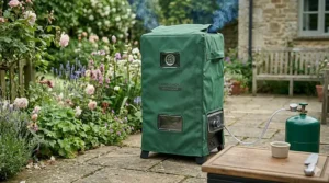 A vertical gas smoker protected by a heavy-duty green waterproof cover, designed to withstand rain and damp conditions in a UK garden.