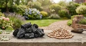 Comparison of compressed hardwood pellets and natural lumpwood charcoal, showing the different fuel types used in UK smokers and barbecues.