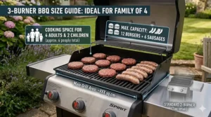 A size guide illustration showing a 3 burner gas BBQ with enough cooking space for 12 burgers, ideal for a family of four.