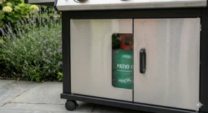 The lower storage cabinet of a 3 burner gas BBQ designed to neatly house a large patio gas cylinder.