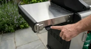 Space-saving foldable side shelves on a 3 burner gas BBQ, ideal for smaller UK patios and balconies.