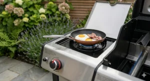 A 3 burner gas BBQ featuring an integrated side hob for heating sauces and side dishes.