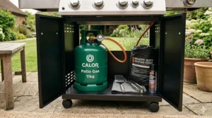 The lower storage cabinet of a gas barbecue open, neatly housing a green patio gas bottle and grilling tools.
