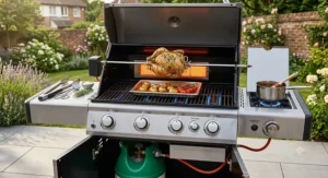 Double-door storage cabinet underneath a 4 burner BBQ showing a safely housed green Patio Gas bottle and regulator.