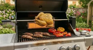 Open lid view of a 4 burner gas barbecue showing heavy-duty porcelain-enameled cast iron cooking grates and warming rack.