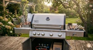 Detailed close-up of the polished chrome control knobs and sleek stainless steel front panel of a 4 burner gas barbecue.