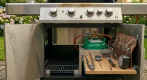 Close-up of the stainless steel control panel on a 4 burner gas BBQ with LED-lit control knobs and electronic ignition buttons.