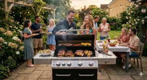 Close-up of a 4 burner gas bbq cooking surface packed with sizzling beef burgers, sausages, and vegetable skewers over an open flame.