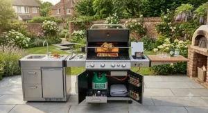 Line drawing illustration showing the width, height, and depth measurements of a 4 burner gas BBQ with rotisserie kit attached.
