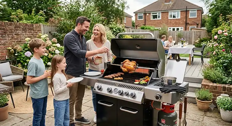 Premium 4 burner gas BBQ with a chicken cooking on the integrated mains-powered rotisserie in a British back garden patio setting. 4 burner gas bbq with rotisserie