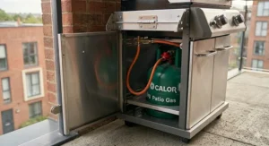 Small 2 burner gas bbq featuring an enclosed cabinet to store a Patio Gas cylinder.
