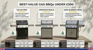 An infographic comparing features of the best 3 burner gas BBQs under £300 available in the UK.