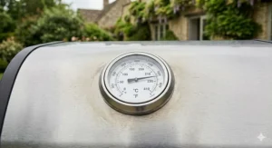Close-up of an integrated lid thermometer on a 3 burner gas barbecue showing Celsius temperature readings.