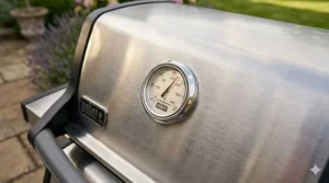 Detailed view of a built-in lid thermometer showing temperature in Celsius for precise gas grilling.