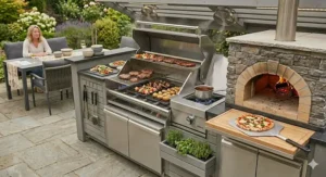 An elegant outdoor kitchen setup featuring a built-in commercial-grade gas BBQ for home entertaining, seamlessly integrated into brick masonry worktops.