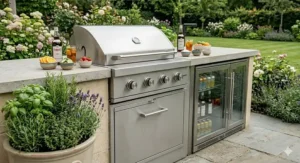 Step-by-step illustration showing the secure mounting of a premium built-in gas barbecue into a masonry garden unit.