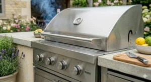 A detailed illustration showing the rotisserie accessory attachment in use on a premium built-in gas barbecue.