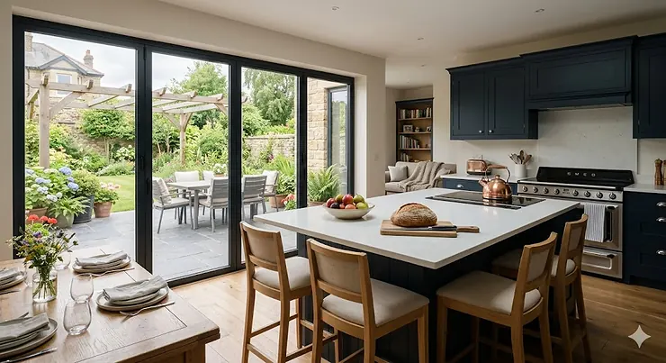 A premium built-in gas BBQ seamlessly installed into a modern brick outdoor kitchen island in a British garden patio setting. built in gas bbq installation guide