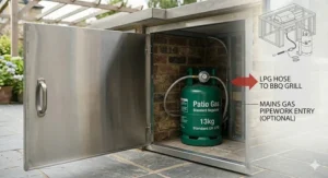 Diagram showing how to safely connect a built-in gas BBQ to a Patio Gas LPG bottle using a UK-standard regulator and hose inside the island.
