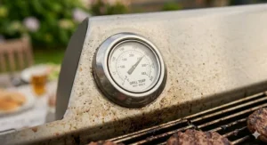 Detailed view of the built-in hood thermometer on a gas barbecue for precision roasting and grilling.
