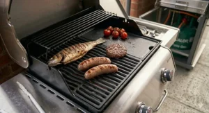 Durable porcelain-enamelled cast iron cooking grates on a premium 2 burner gas barbecue.