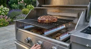 Thick, heavy-duty porcelain-coated cast iron cooking grates inside a commercial-grade gas BBQ for home use, displaying distinct sear marks on food.