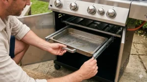 A person sliding out the removable grease drip tray from underneath a 4 burner gas grill for easy cleaning.