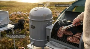Illustration of an easy-clean removable ash tray on a portable smoker model.