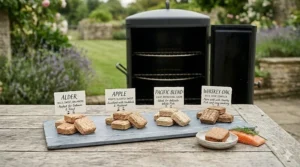 Side of Scottish salmon prepared for cold smoking using a traditional smoke generator.