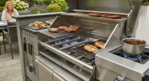 Close-up profile of a dual-temperature gauge on a commercial-grade gas BBQ lid, showing precise heat zones optimised for slow roasting and high-heat searing.