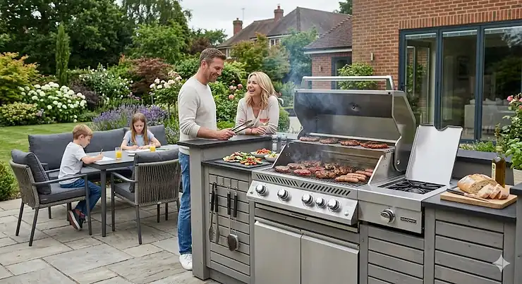A premium stainless-steel commercial-grade gas BBQ for home use, set up on a modern paved stone patio in a British garden surrounded by green foliage and outdoor dining chairs. commercial grade gas bbq for home