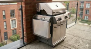 Compact 2 burner gas bbq with foldable side shelves to save space on small balconies.