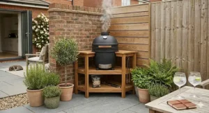 A compact kamado-style ceramic smoker tucked neatly into the corner of a small terrace garden to maximise space.