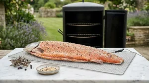 An insulated electric cabinet smoker for fish with digital temperature controls and tiered wire racks.