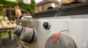 A close-up of the easy-start electronic piezo ignition button on a stainless steel control panel.