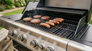 Close-up of burgers and sausages cooking on the spacious cast iron grates of a four burner gas barbecue.