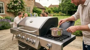 A black 4 burner gas barbecue with the side burner lid open, showing a saucepan simmering onions for hot dogs.
