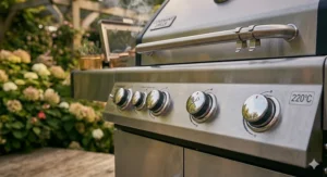 Side view of a gas barbecue control panel featuring a central, ornate bronze dial alongside polished chrome burner switches.