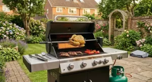Close-up of a whole chicken roasting on a motorized rotisserie spit inside a 4 burner gas BBQ with the rear infrared burner ignited.