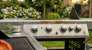 A stainless steel saucepan simmering onions on the integrated side burner of a 4 burner gas BBQ.