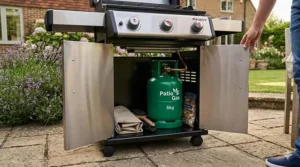 The lower storage cabinet of a 3 burner gas BBQ housing a standard UK green patio gas cylinder.