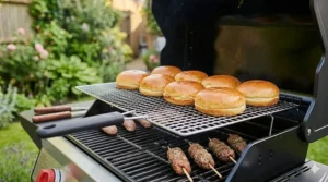 Inside view of a 2 burner gas grill showing the secondary warming rack holding burger buns.
