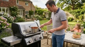 A 3 burner gas BBQ featuring a side burner being used to simmer sauce in a saucepan for a garden cookout.