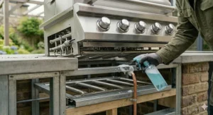 Close-up illustration showing how to apply a soapy water solution to gas pipe joints on a built-in BBQ to test for bubbles indicating a leak.
