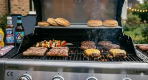 Overhead illustration of the four independent stainless steel burners inside a heavy duty gas barbecue, highlighting even heat distribution.