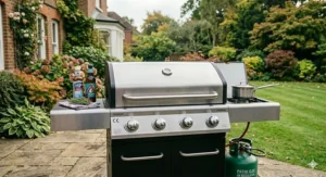 Open lower storage cabinet of a heavy duty 4 burner gas bbq, showing space for a UK Patio Gas bottle and regulator.