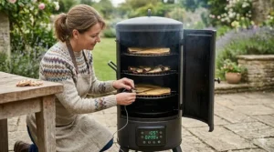 Freshly caught Atlantic mackerel fillets being hot smoked in a portable charcoal smoker.
